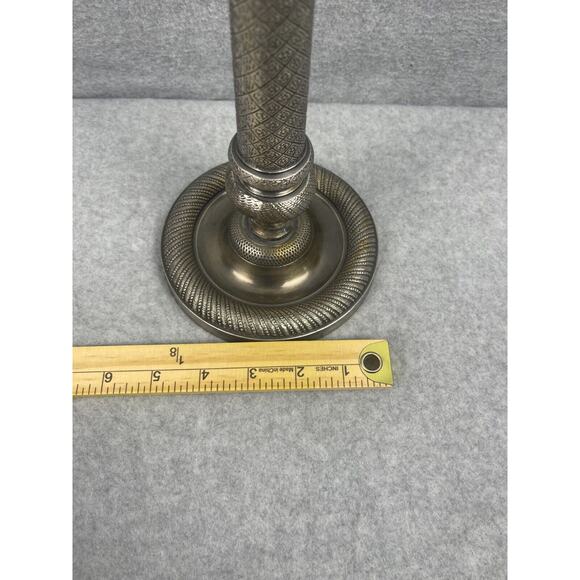 Vintage Pewter Candlestick Heavy 14" Tall Made in India Engraved 4.5" Base - Picture 7 of 7